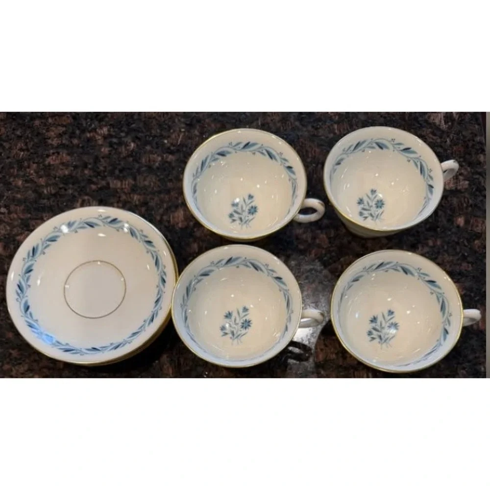 Lenox Blue Ridge Tea Cup Saucer Set 4 Ivory Blue Gold Trim Vintage